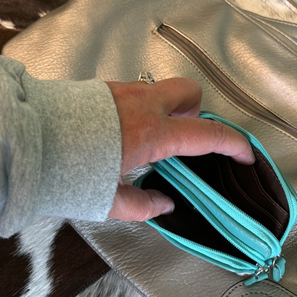 Silver colored purse with hair on hide key/card holder - Picture 7 of 9